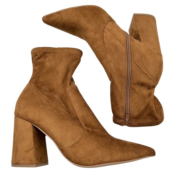 Steve Madden Hayes Point Toe Faux Suede Block Heel Stretchy Ankle Bootie Cognac - Picture 3 of 12